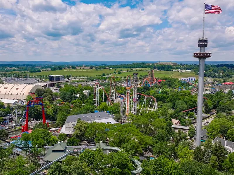 ariel view of hersheypark with american flag in foreground