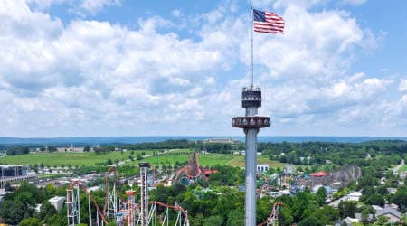 Wide shot of Hersheypark with Kissing Tower in the middle